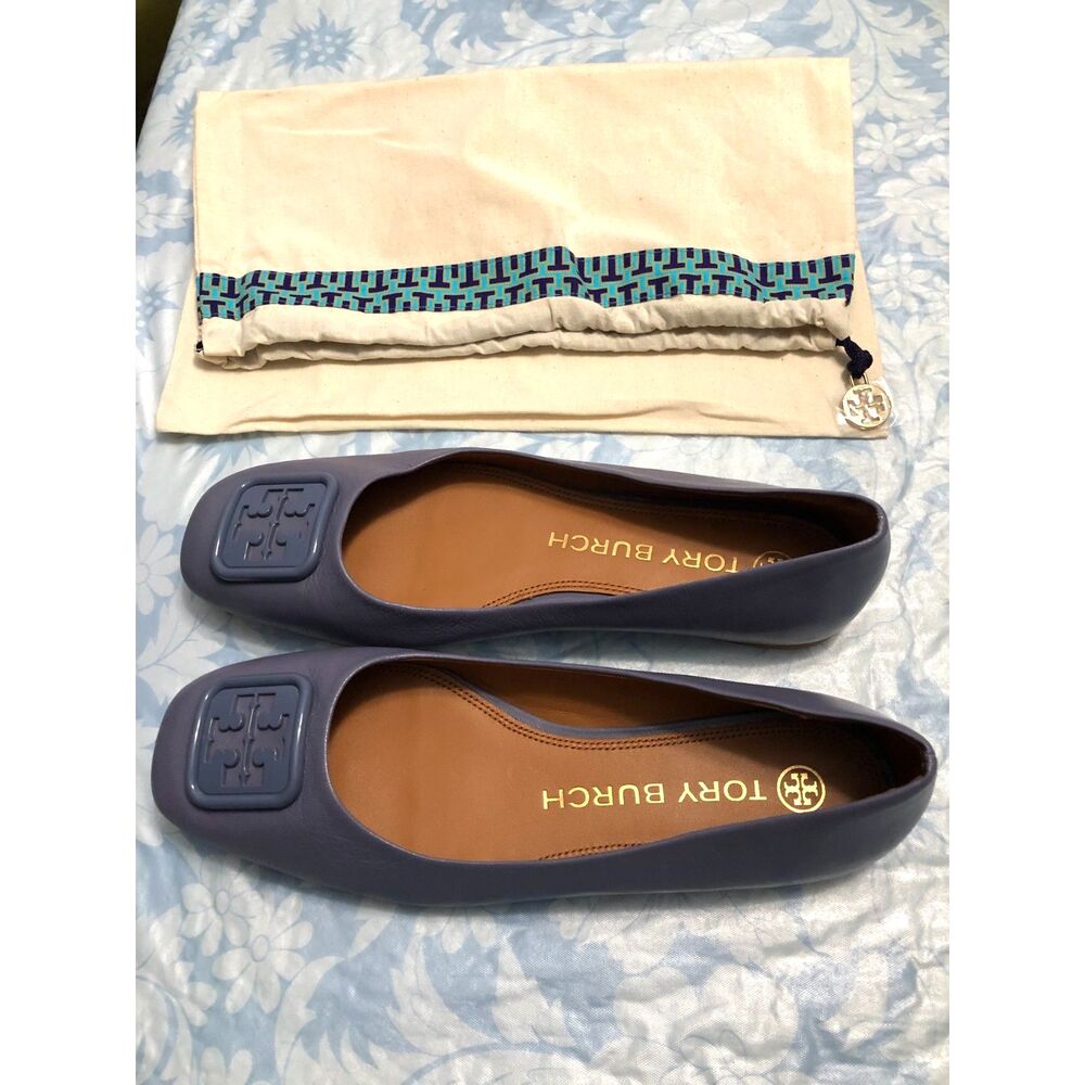 Tory Burch Georgia Square Toe Ballet Flats 8M Lavender Purple Leather Dust Bag